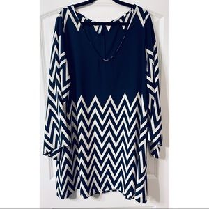 Auditions Dark Blue and White Chevron Dress